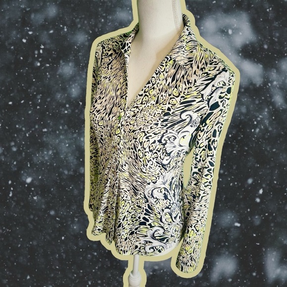 Caché Vintage Y2K Chartreuse / Lime Green Leopard & Brocade Button Down Top XS - Picture 5 of 10
